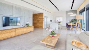 A beautifully remodeled modern living room with high ceilings